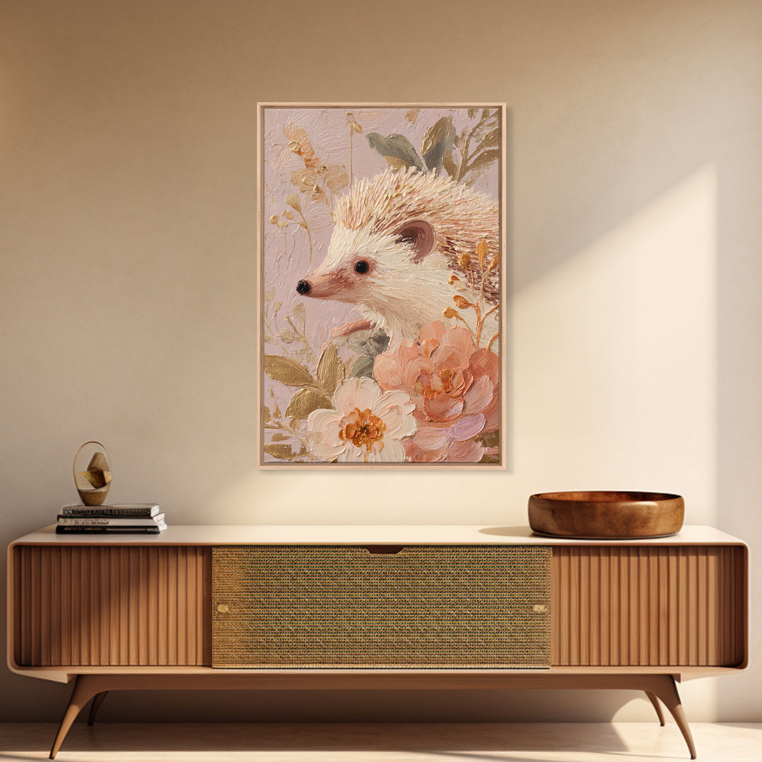 Hedgehog Carrying Wildflowers Canvas Print, Whimsical Art, Nursery, Living Room Decor, Oil Painting, Wonder, Watercolor Art, WHI-2x3-71