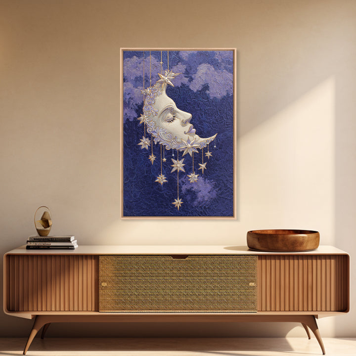Moon with Sleeping Face and Dangling Stars Canvas Print, Whimsical Art, Printable Wall Art, Living Room Decor, Fine Art, Wonder, WHI-2x3-72