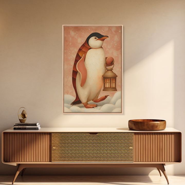 Penguin Holding a Lantern Framed Canvas Print, Whimsical Art, Abstract Wall Art, Living Room Decor, Fine Art, Wonder, WHI-2x3-73