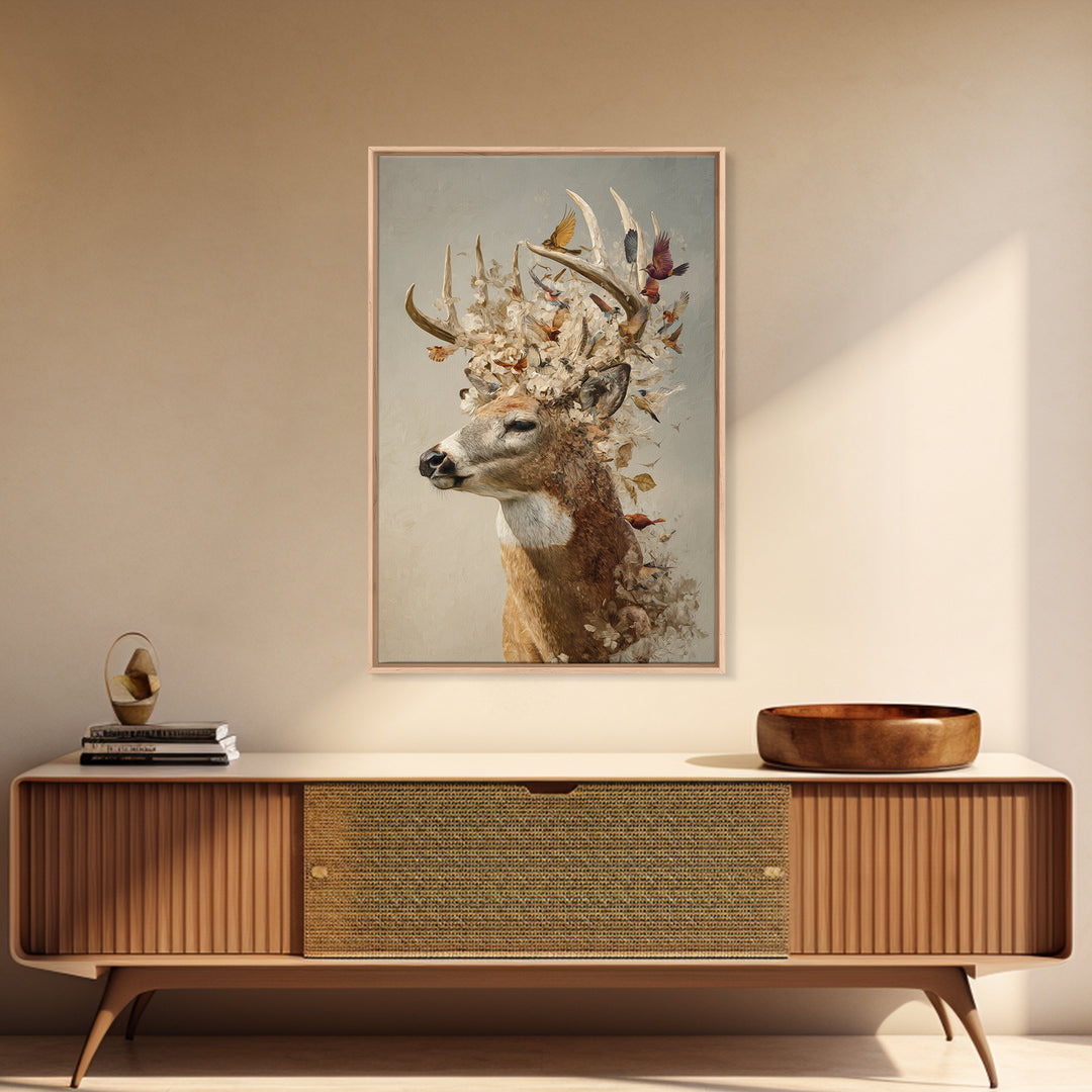 Deer with Antlers Full of Birds Framed Canvas Print, Whimsical Art, Living Room Decor, Fine Art, Wonder, Gallery Decor, WHI-2x3-75