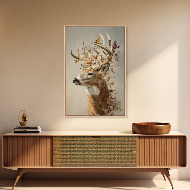 Deer with Antlers Full of Birds Framed Canvas Print, Whimsical Art, Living Room Decor, Fine Art, Wonder, Gallery Decor, WHI-2x3-75