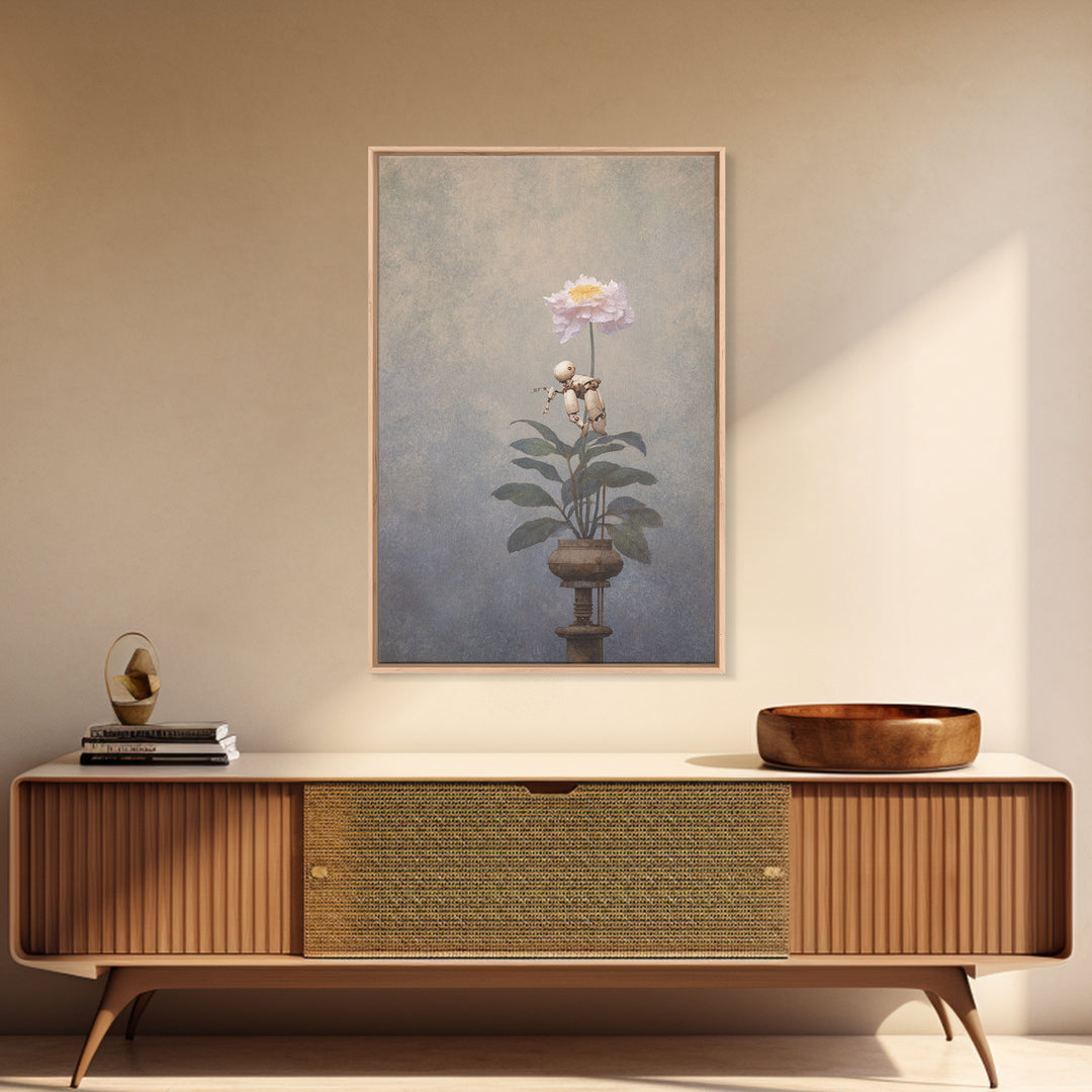 Robot Watering a Single Flower Canvas Print, Whimsical Art, Dark Academia Decor, Living Room Decor, Fine Art, Wonder, WHI-2x3-77