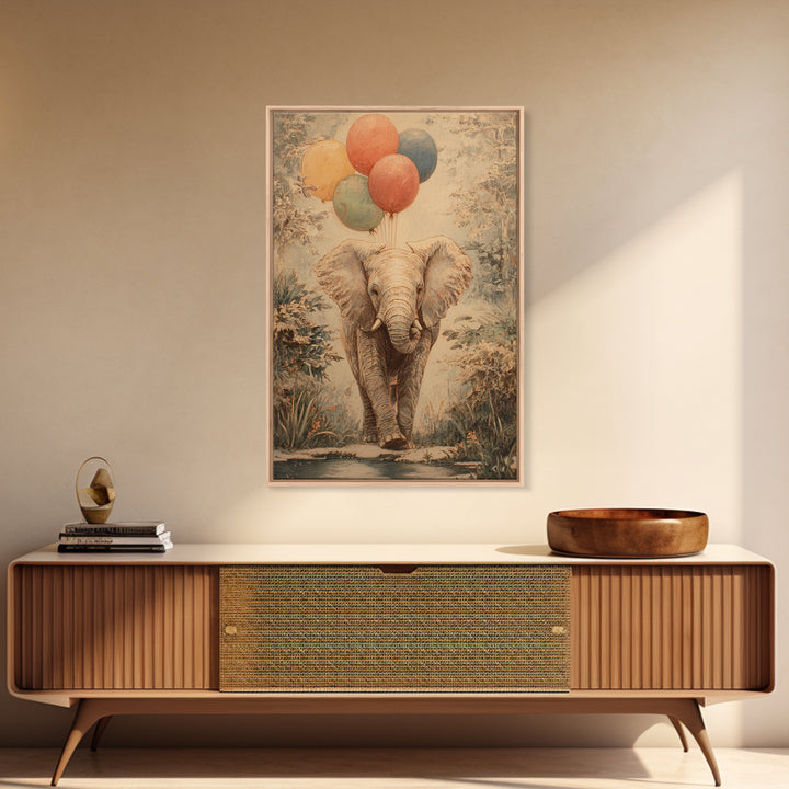 Elephant Holding Balloons Framed Canvas Print, Whimsical Art, Bird Art, Living Room Decor, Abstract Art, Wonder, WHI-2x3-83