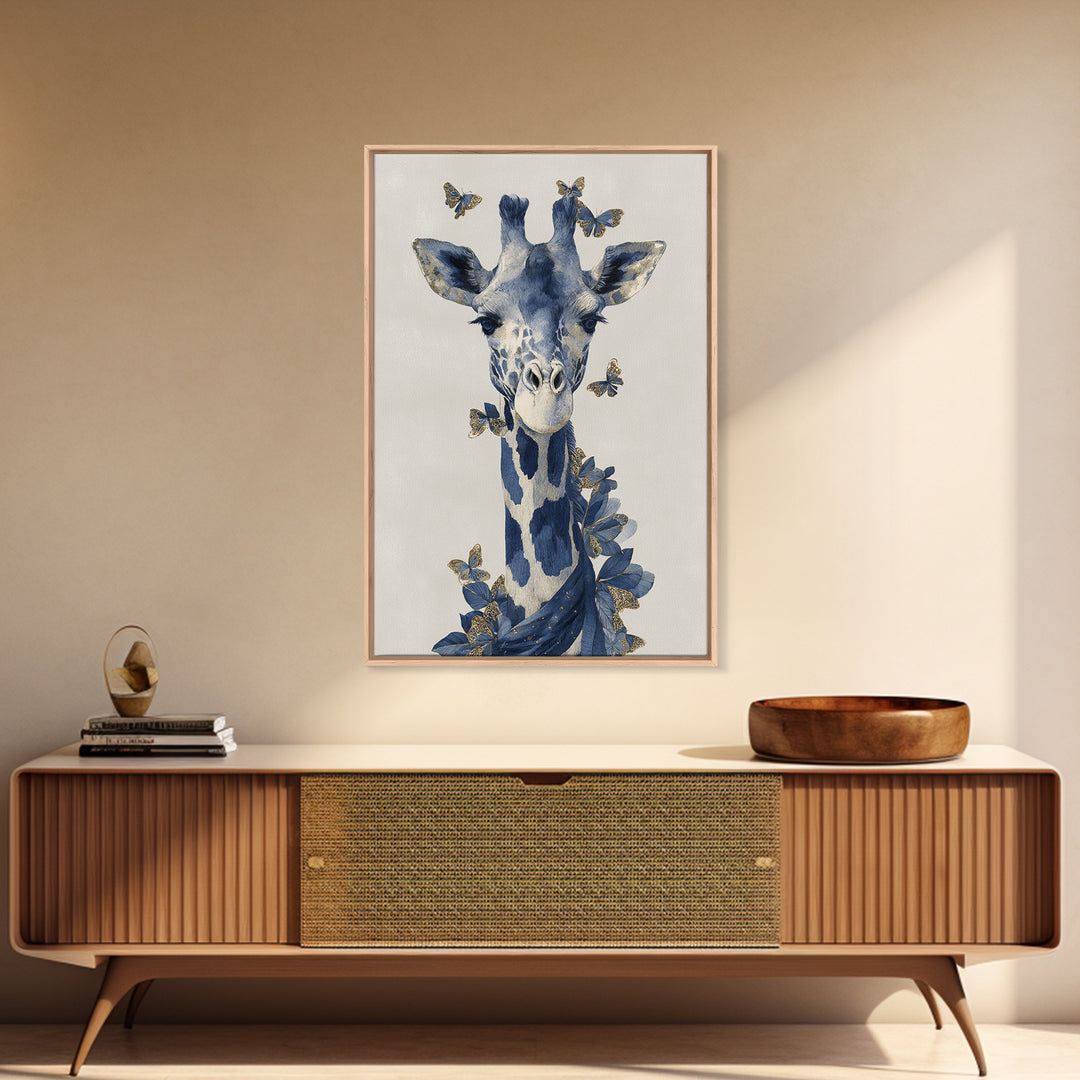Giraffe with Scarf and Butterflies Framed Canvas Print, Whimsical Art, Framed Wall Art, Living Room Decor, Fine Art, Wonder, WHI-2x3-90