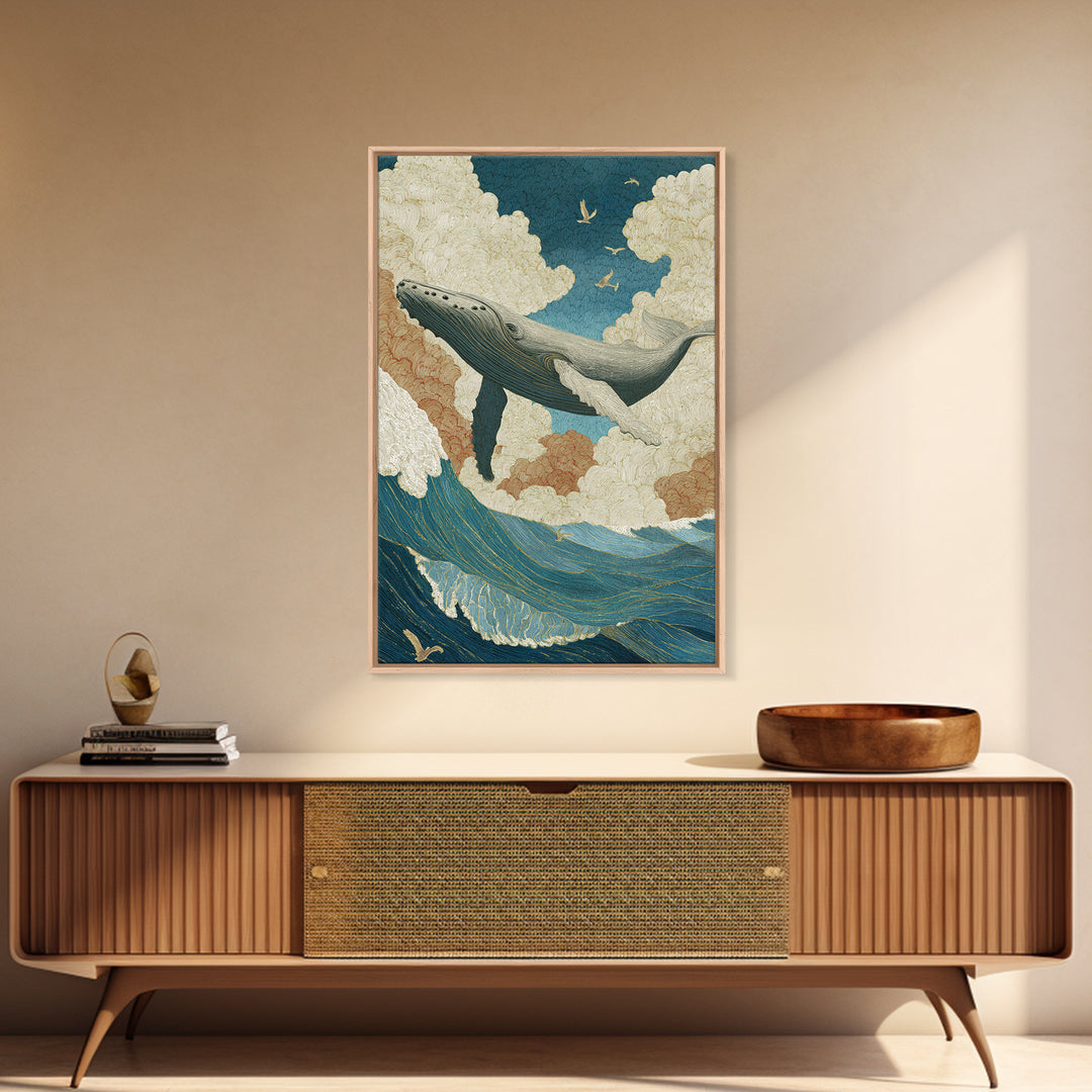 Whale Flying Through Clouds Like Ocean Framed Canvas Print, Whimsical Art, Living Room Decor, Fine Art, Wonder, Gallery Decor, WHI-2x3-93