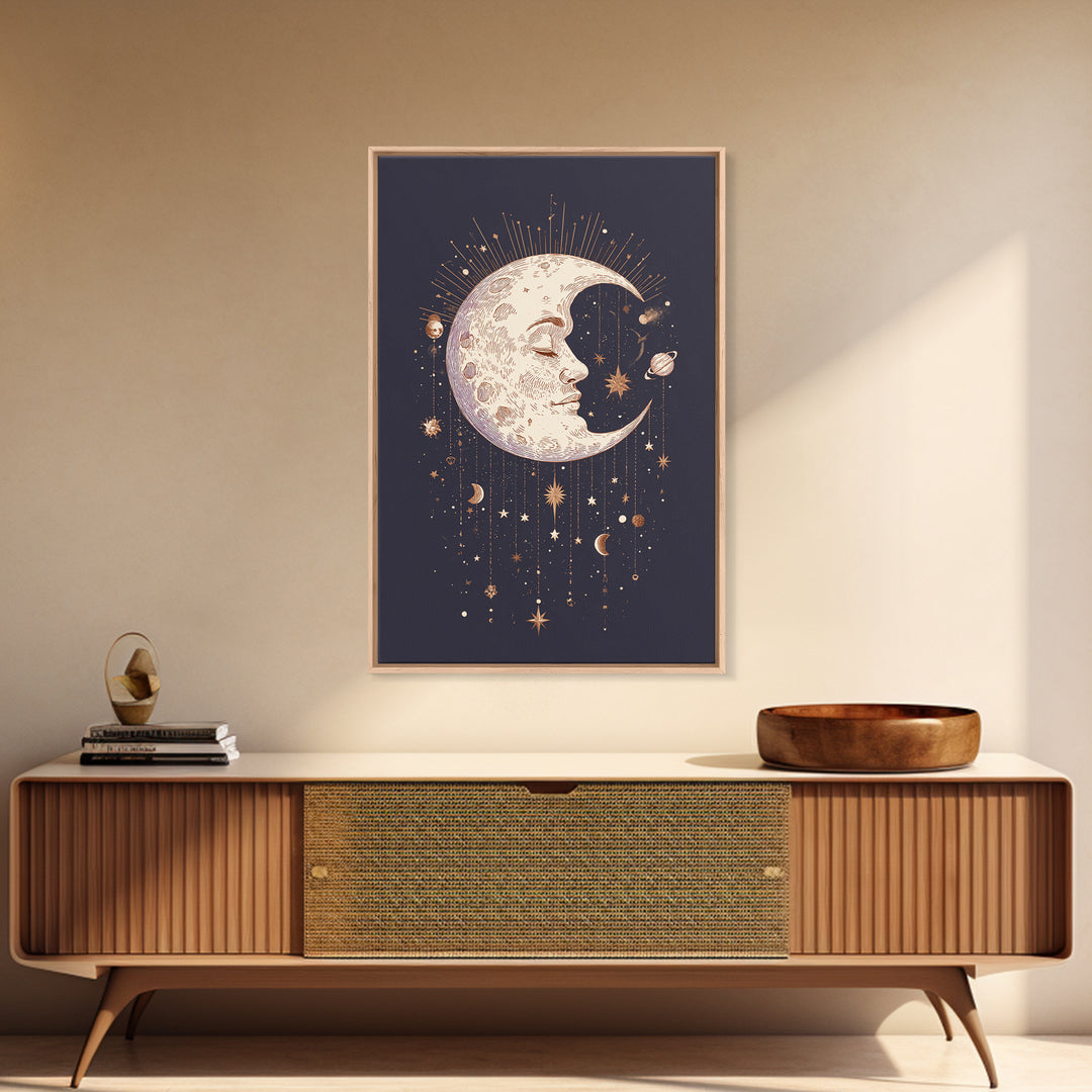 Moon with Sleeping Face and Dangling Stars Canvas Print, Whimsical Art, Living Room Decor, Fine Art, Wonder, Gallery Decor, WHI-2x3-96