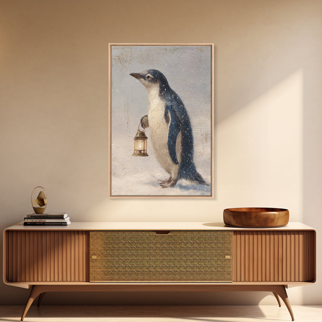 Penguin Holding a Lantern Framed Canvas Print, Whimsical Art, Abstract Wall Art, Living Room Decor, Fine Art, Wonder, WHI-2x3-97