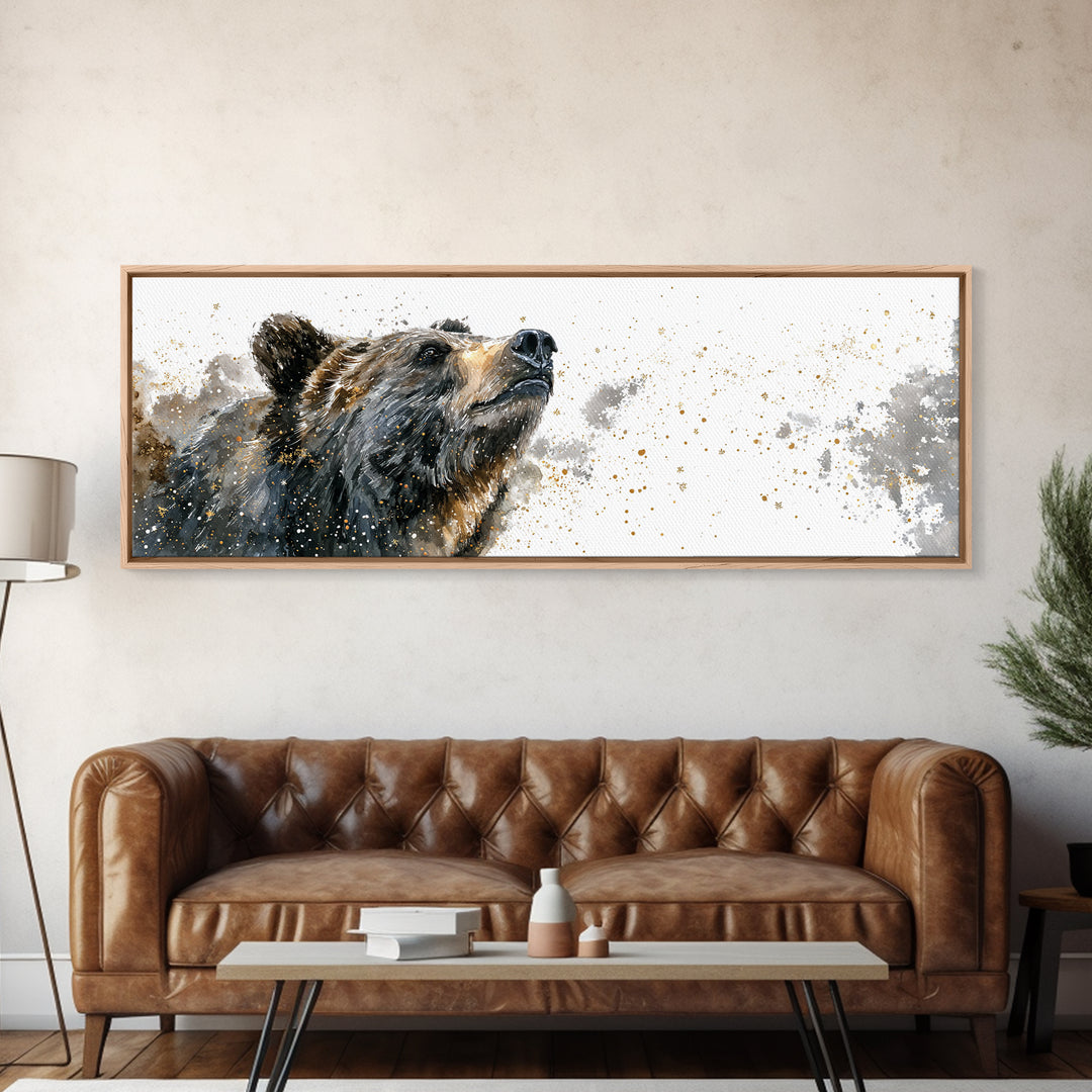 Bear Painting Stars Onto the Night Sky Framed Canvas Print, Whimsical Art, Dark Academia Decor, Living Room Decor, Wonder, WHI-3x1-1