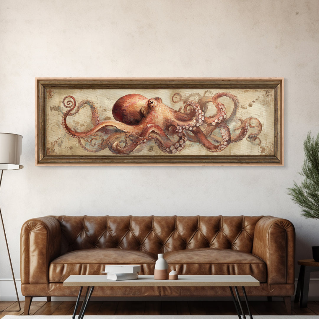 Octopus Conductor with Tiny Instruments Framed Canvas Print, Whimsical Art, Pet Portrait, Living Room Decor, Fine Art, Wonder, WHI-3x1-10