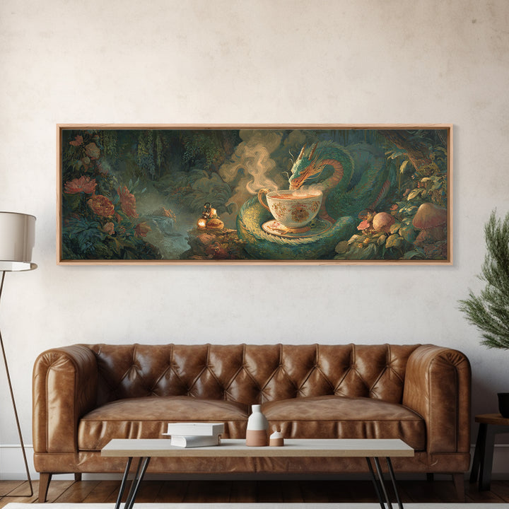 Dragon Curled Around a Teacup Canvas Print, Whimsical Art, Dark Academia Decor, Living Room Decor, Wonder, Modern Decor, WHI-3x1-16