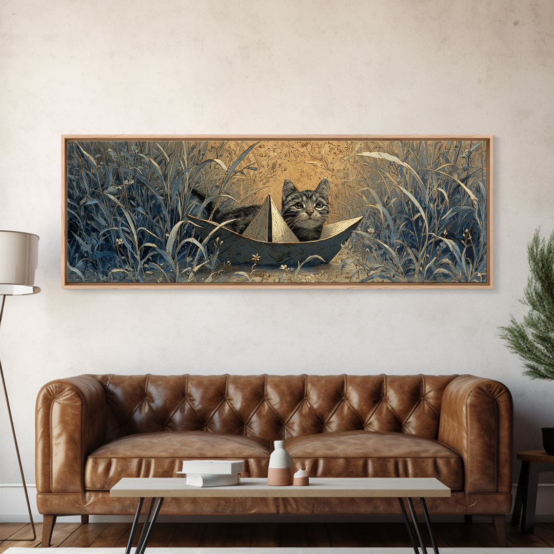 Cat Sailing a Paper Boat Framed Canvas Print, Whimsical Art, Digital Print, Living Room Decor, Fine Art, Wonder, Bird Art, WHI-3x1-18