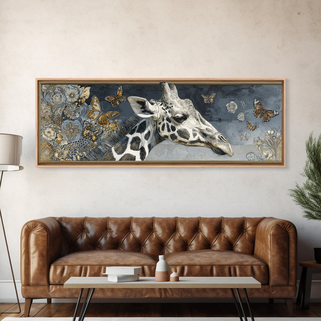 Giraffe with Scarf and Butterflies Framed Canvas Print, Whimsical Art, Original Art, Living Room Decor, Fine Art, Wonder, WHI-3x1-2
