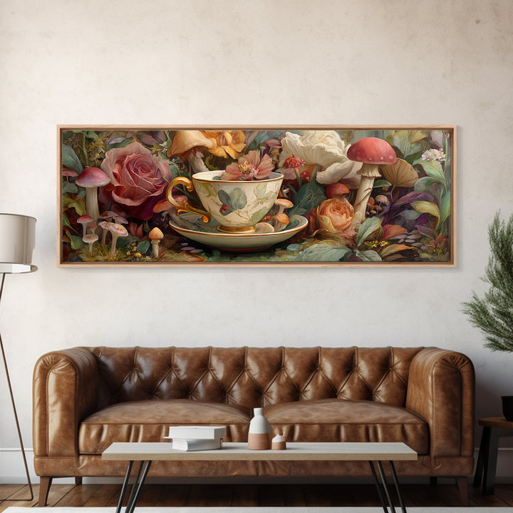Teacup Garden with Tiny Mushrooms Canvas Print, Whimsical Art, Nursery Art, Living Room Decor, Oil Painting, Wonder, WHI-3x1-20