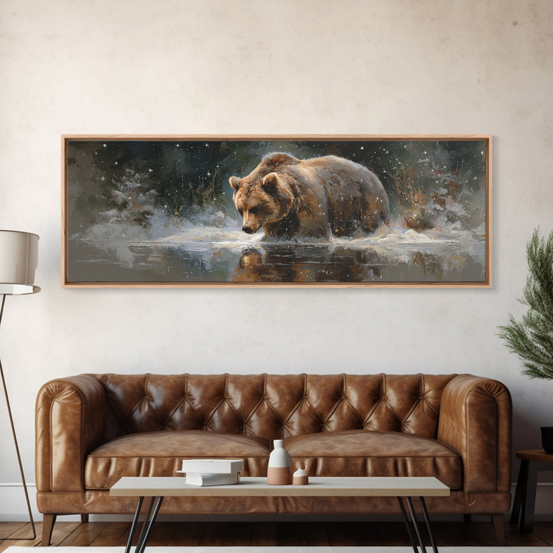 Bear Painting Stars Onto the Night Sky Canvas Print, Whimsical Art, Bird Art, Living Room Decor, Abstract Art, Wonder, WHI-3x1-25