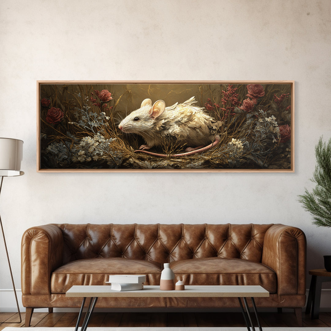 Mouse Ballerina in a Rose Garden Framed Canvas Print, Whimsical Art, Textured Painting, Living Room Decor, Fine Art, Wonder, WHI-3x1-27