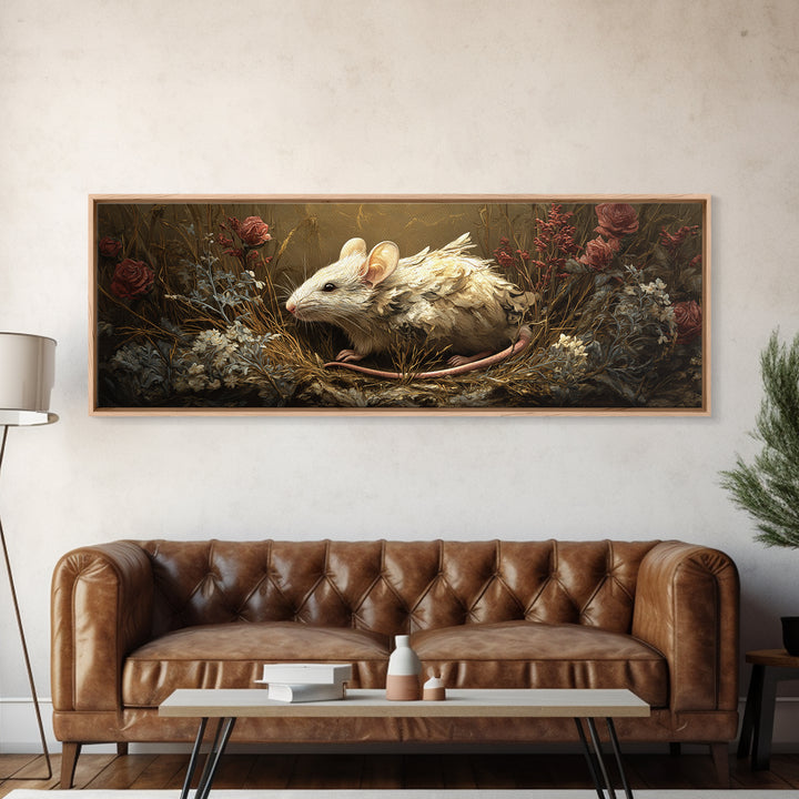 Mouse Ballerina in a Rose Garden Framed Canvas Print, Whimsical Art, Textured Painting, Living Room Decor, Fine Art, Wonder, WHI-3x1-27