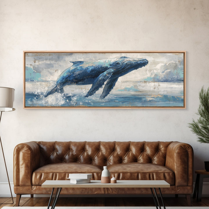 Whale Flying Through Clouds Like Ocean Canvas Print, Whimsical Art, Dopamine Decor, Living Room Decor, Fine Art, Wonder, WHI-3x1-29