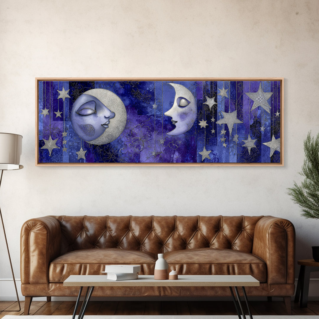 Moon with Sleeping Face and Dangling Stars Framed Canvas Print, Whimsical Art, Watercolor Art, Living Room Decor, Wonder, WHI-3x1-32