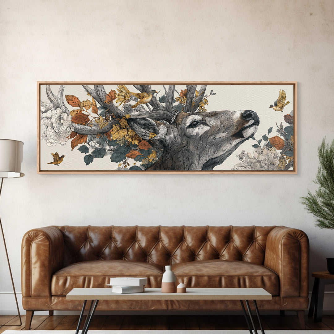 Deer with Antlers Full of Birds Canvas Print, Whimsical Art, Minimalist Decor, Living Room Decor, Wonder, Nursery Wall Art, WHI-3x1-35