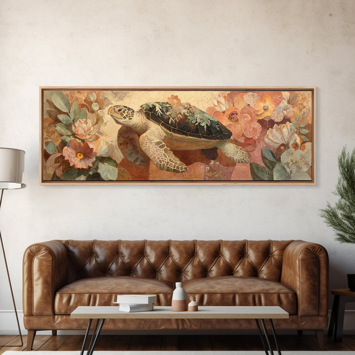 Turtle with Garden Growing on Shell Canvas Print, Whimsical Art, Framed Wall Art, Living Room Decor, Oil Painting, Wonder, WHI-3x1-38