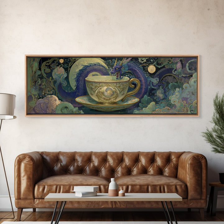 Dragon Curled Around a Teacup Canvas Print, Whimsical Art, Neutral Decor, Living Room Decor, Fine Art, Wonder, Home Decor, WHI-3x1-40