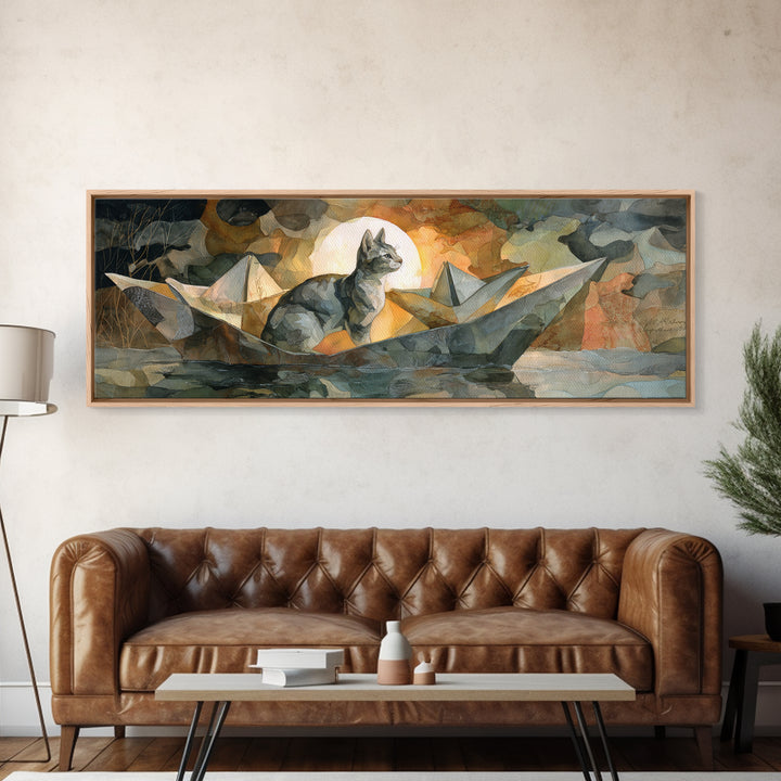 Cat Sailing a Paper Boat Canvas Print, Whimsical Art, Abstract Wall Art, Living Room Decor, Fine Art, Wonder, Neutral Decor, WHI-3x1-42