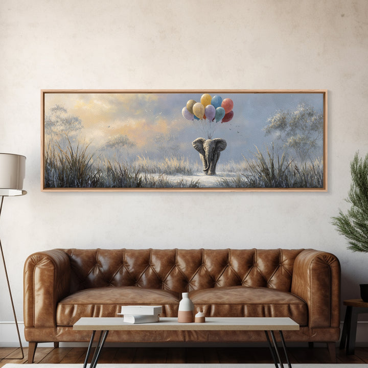 Elephant Holding Balloons Canvas Print, Whimsical Art, Pet Portrait, Living Room Decor, Fine Art, Wonder, Abstract Wall Art, WHI-3x1-43