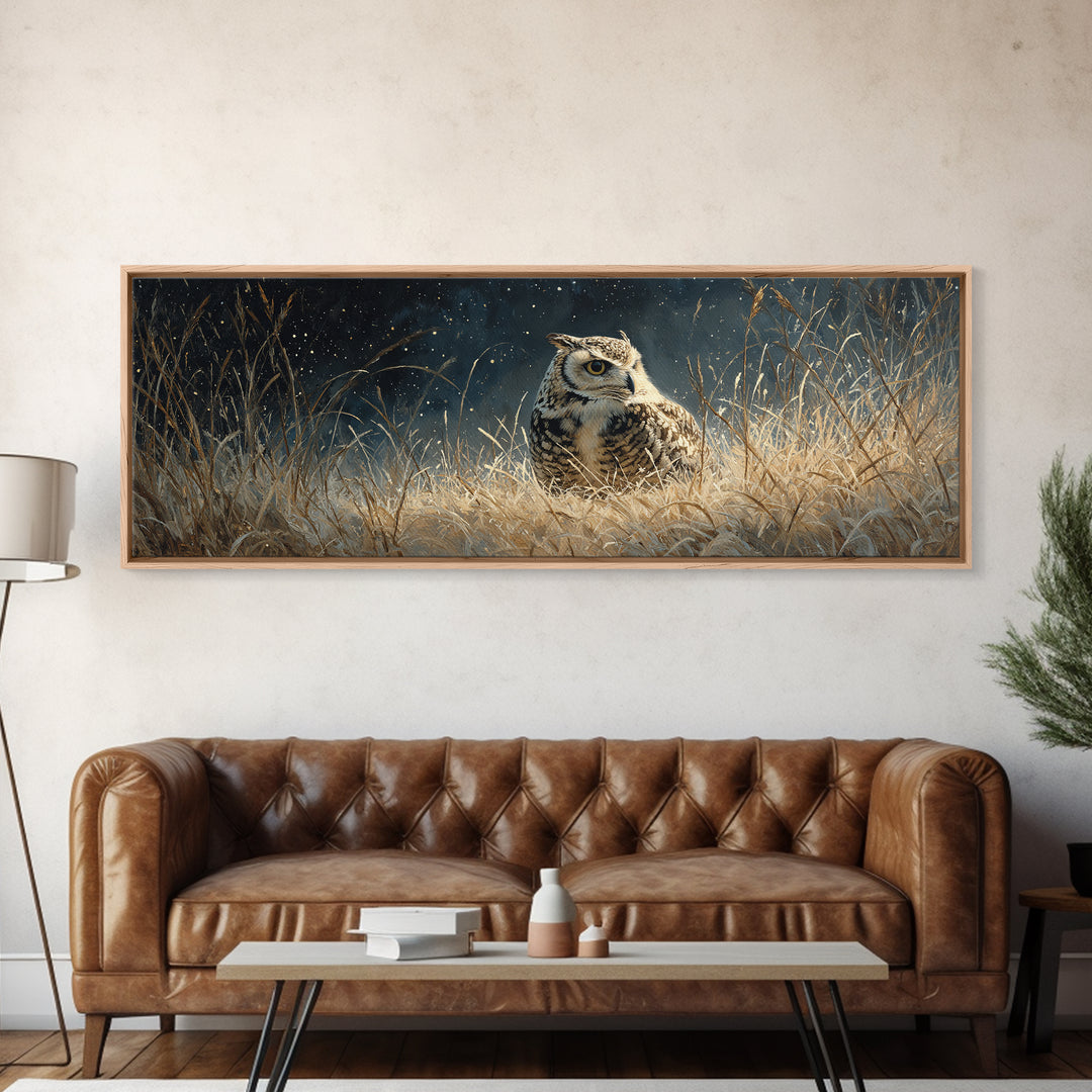 Owl Wearing Spectacles Among Stars Canvas Print, Whimsical Art, Dark Academia Decor, Living Room Decor, Fine Art, Wonder, WHI-3x1-46