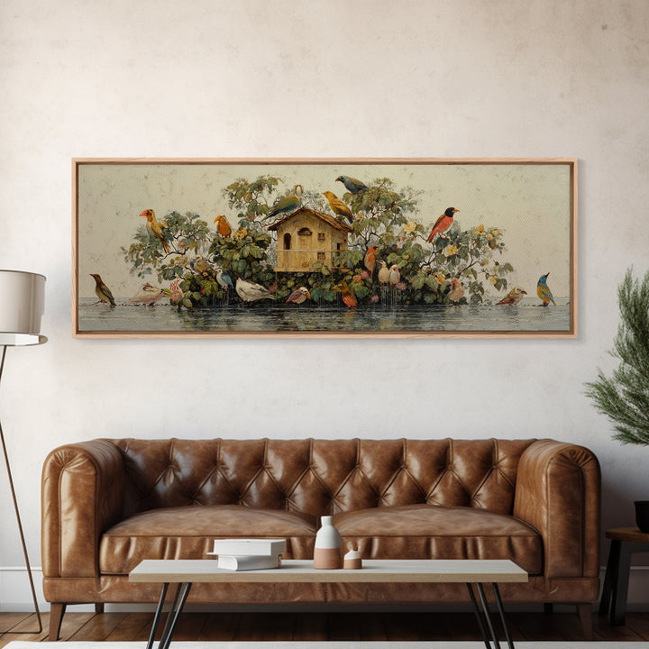 Floating House Carried by Colorful Birds Framed Canvas Print, Whimsical Art, Living Room Decor, Oil Painting, Wonder, WHI-3x1-47
