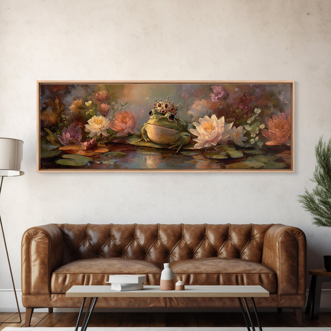 Frog Prince on a Lily Pad Canvas Print, Whimsical Art, Textured Painting, Living Room Decor, Fine Art, Wonder, Nursery Decor, WHI-3x1-48