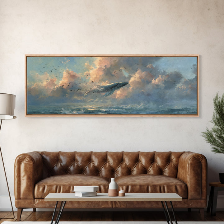 Whale Flying Through Clouds Like Ocean Framed Canvas Print, Whimsical Art, Printable Art, Living Room Decor, Watercolor Art, WHI-3x1-5