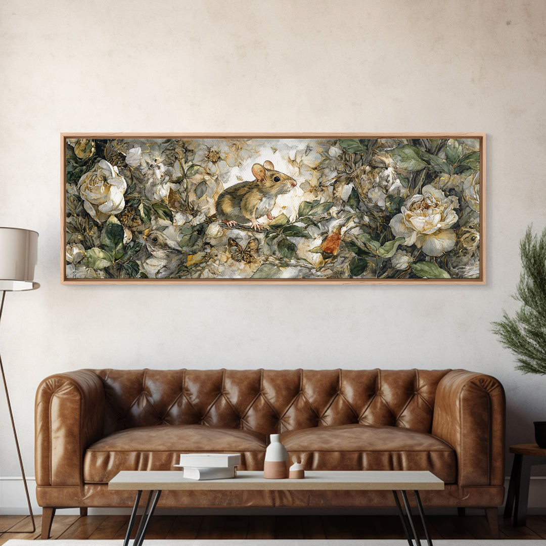 Mouse Ballerina in a Rose Garden Framed Canvas Print, Whimsical Art, Oil Painting, Living Room Decor, Wonder, WHI-3x1-51