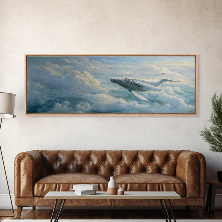 Whale Flying Through Clouds Like Ocean Framed Canvas Print, Whimsical Art, Nursery Art, Living Room Decor, Oil Painting, Wonder, WHI-3x1-53