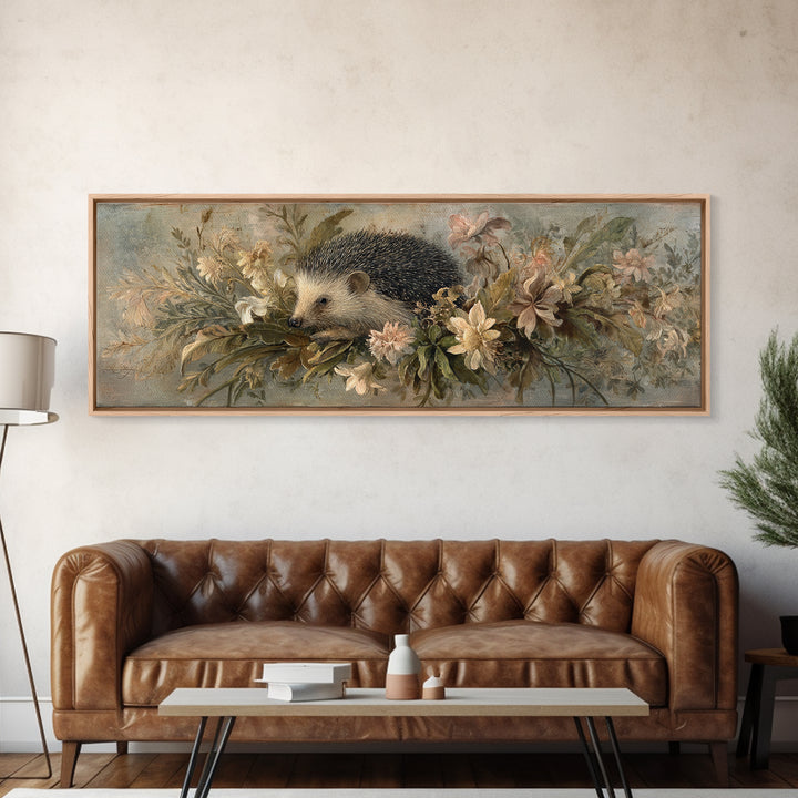 Hedgehog Carrying Wildflowers Framed Canvas Print, Whimsical Art, Prints, Living Room Decor, Oil Painting, Wonder, WHI-3x1-55