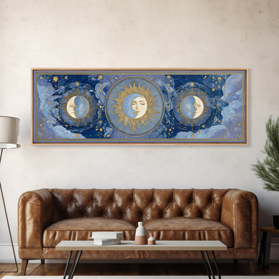 Moon with Sleeping Face and Dangling Stars Framed Canvas Print, Whimsical Art, Minimalist Decor, Living Room Decor, Wonder, WHI-3x1-56