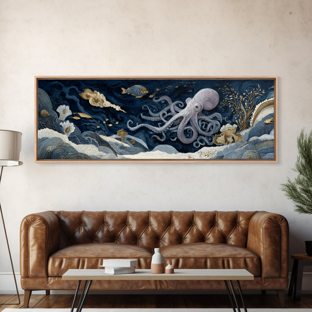 Octopus Conductor with Tiny Instruments Framed Canvas Print, Whimsical Art, Nursery, Living Room Decor, Fine Art, Wonder, WHI-3x1-58