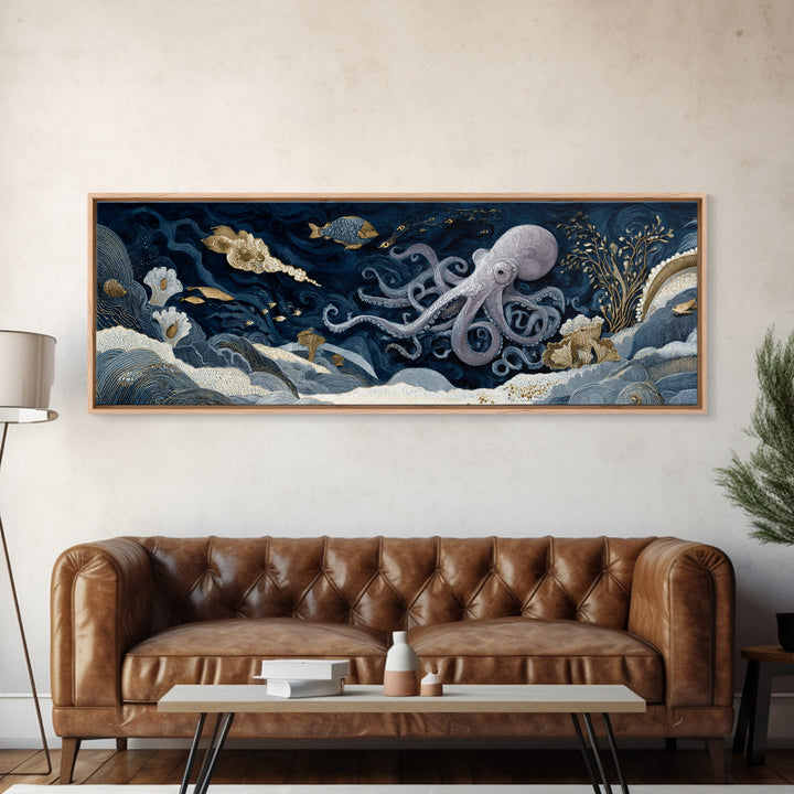 Octopus Conductor with Tiny Instruments Framed Canvas Print, Whimsical Art, Nursery, Living Room Decor, Fine Art, Wonder, WHI-3x1-58