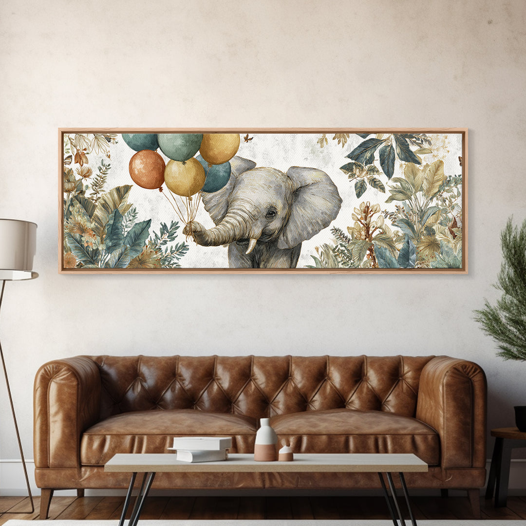 Elephant Holding Balloons Framed Canvas Print, Whimsical Art, Art Nouveau, Living Room Decor, Abstract Art, Wonder, WHI-3x1-67