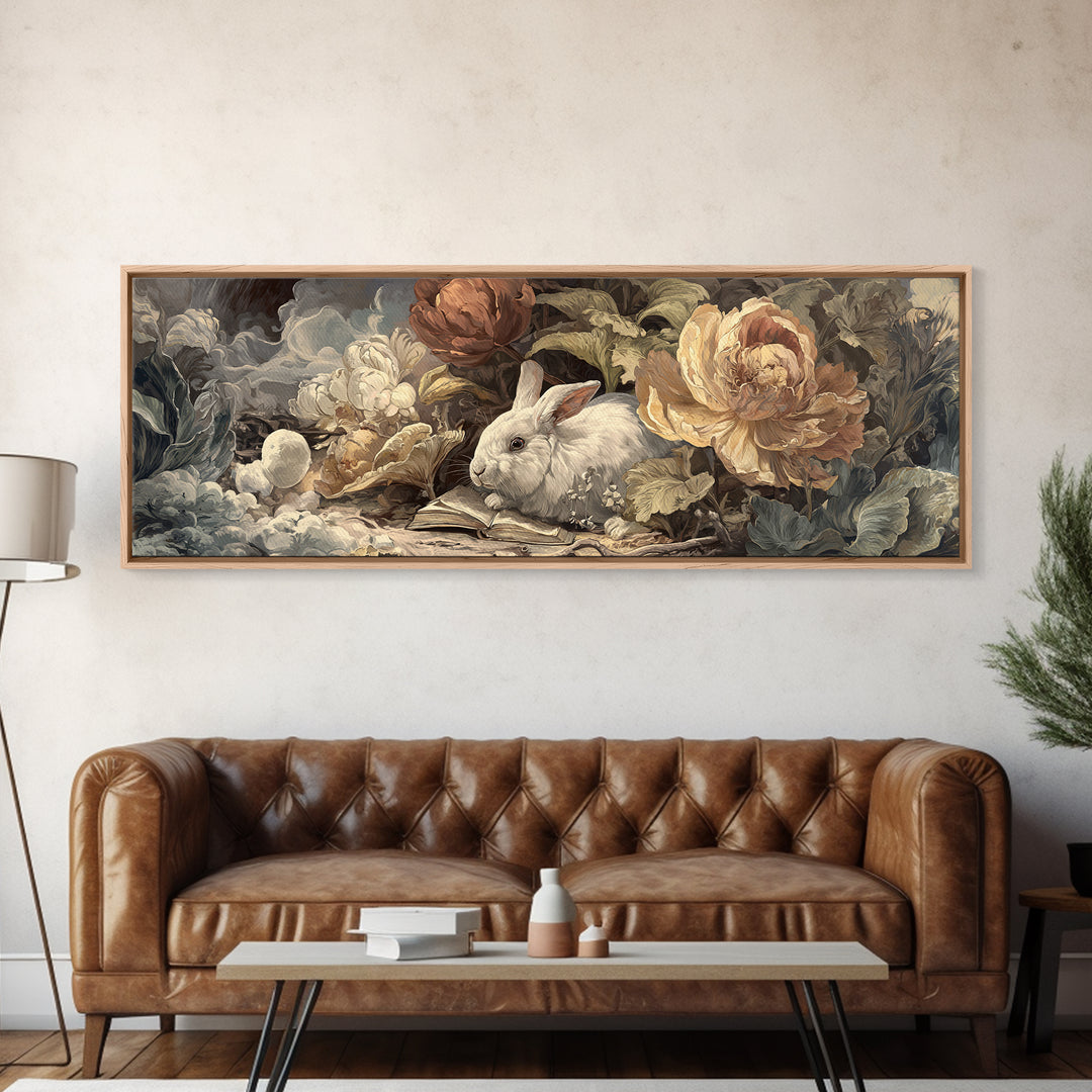 Rabbit Reading Beneath a Giant Flower Framed Canvas Print, Whimsical Art, Gallery Decor, Living Room Decor, Fine Art, Wonder, WHI-3x1-69