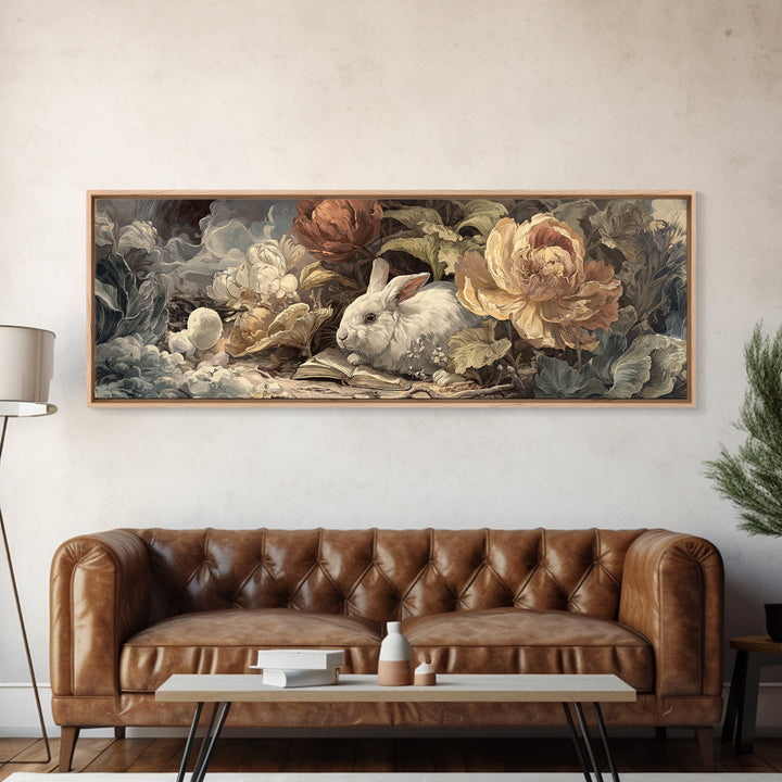 Rabbit Reading Beneath a Giant Flower Framed Canvas Print, Whimsical Art, Gallery Decor, Living Room Decor, Fine Art, Wonder, WHI-3x1-69