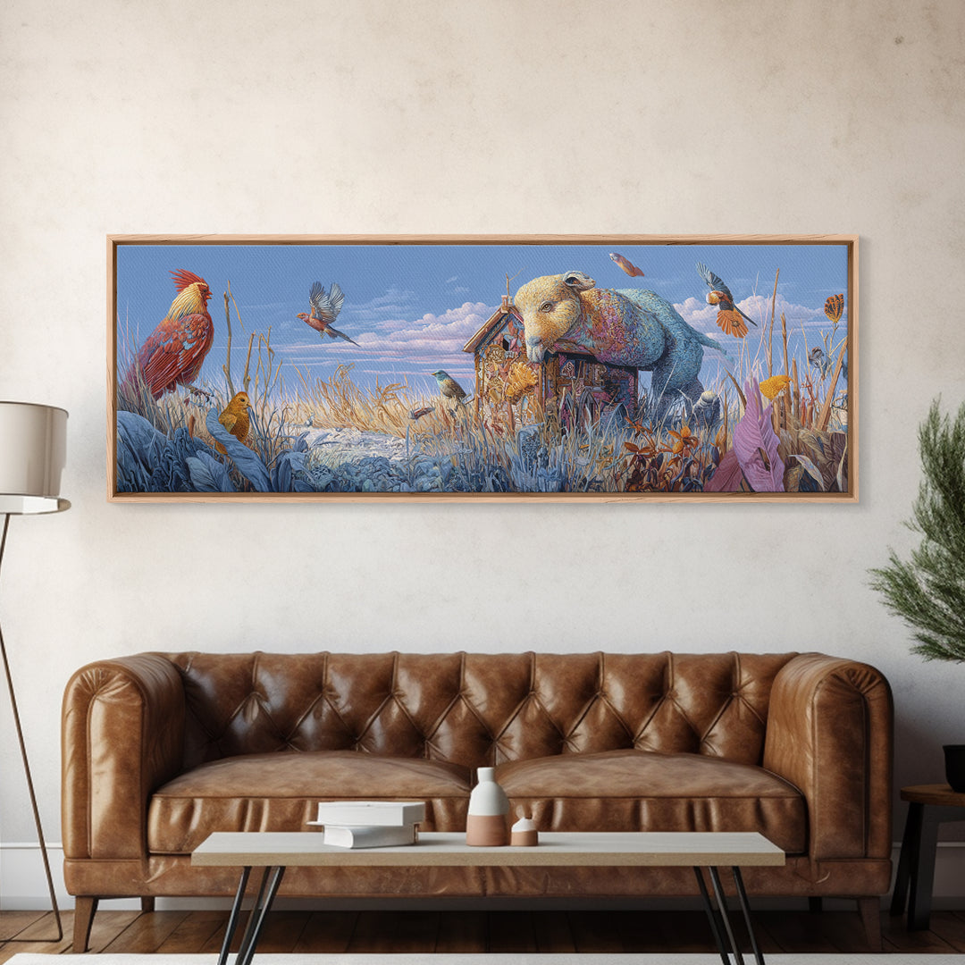 Floating House Carried by Colorful Birds Canvas Print, Whimsical Art, Framed Wall Art, Living Room Decor, Fine Art, Wonder, WHI-3x1-71