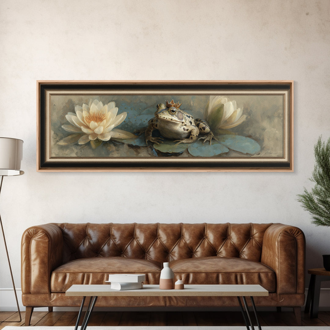 Frog Prince on a Lily Pad Framed Canvas Print, Whimsical Art, Wall Decor, Living Room Decor, Fine Art, Wonder, Printable Art, WHI-3x1-72