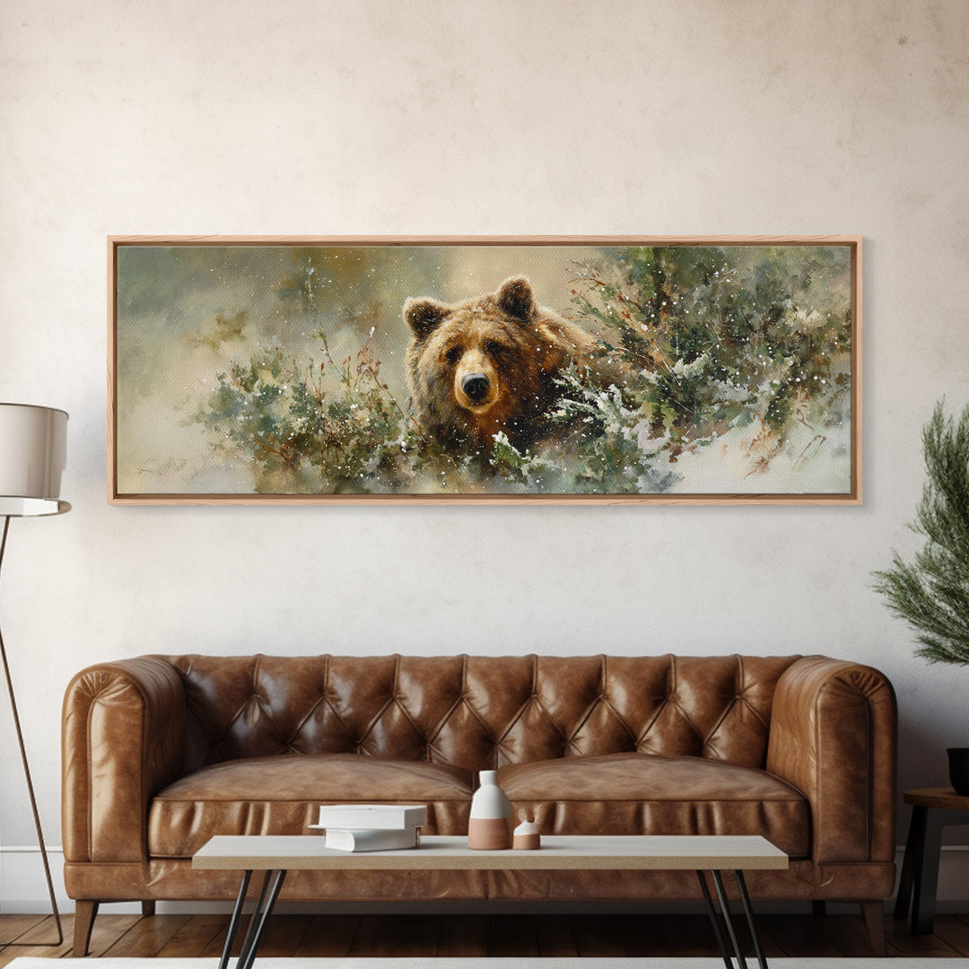 Bear Painting Stars Onto the Night Sky Framed Canvas Print, Whimsical Art, Neutral Decor, Living Room Decor, Fine Art, Wonder, WHI-3x1-73