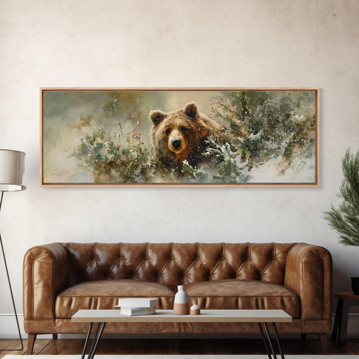 Bear Painting Stars Onto the Night Sky Framed Canvas Print, Whimsical Art, Neutral Decor, Living Room Decor, Fine Art, Wonder, WHI-3x1-73