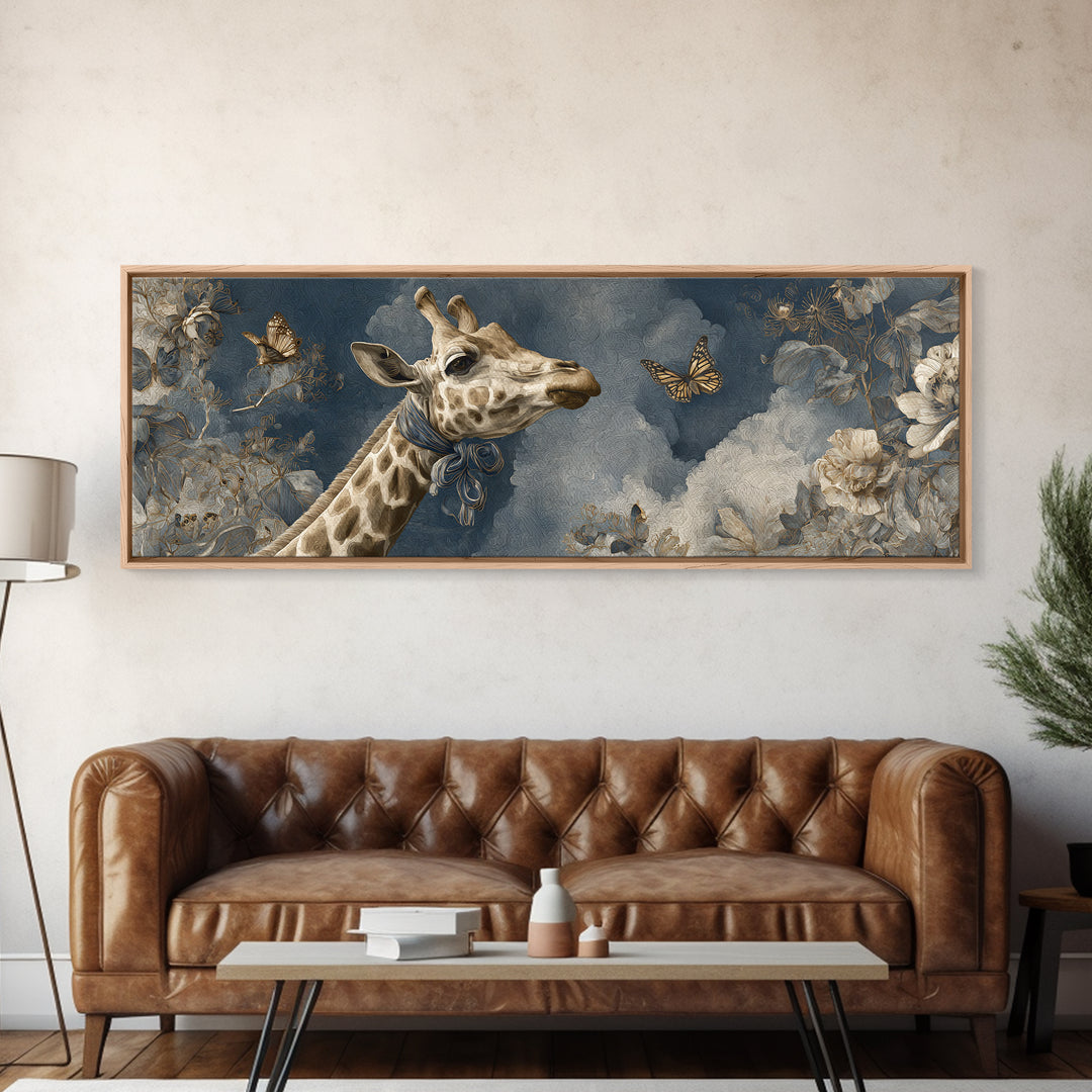 Giraffe with Scarf and Butterflies Framed Canvas Print, Whimsical Art, Dopamine Decor, Living Room Decor, Oil Painting, Wonder, WHI-3x1-74