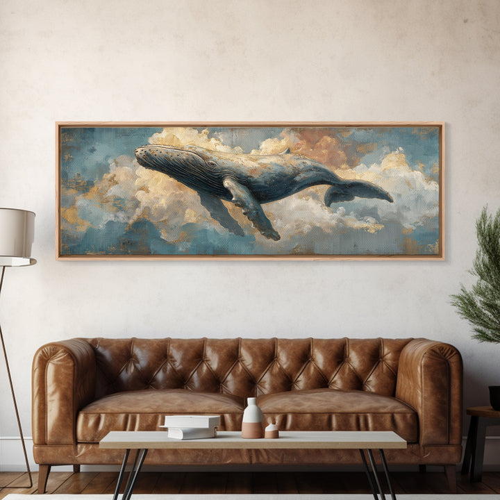 Whale Flying Through Clouds Like Ocean Framed Canvas Print, Whimsical Art, Nursery Art, Living Room Decor, Oil Painting, Wonder, WHI-3x1-77