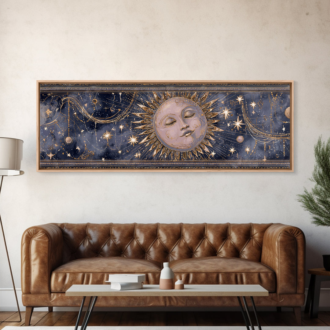 Moon with Sleeping Face and Dangling Stars Canvas Print, Whimsical Art, Nursery Wall Decor, Living Room Decor, Oil Painting, WHI-3x1-8
