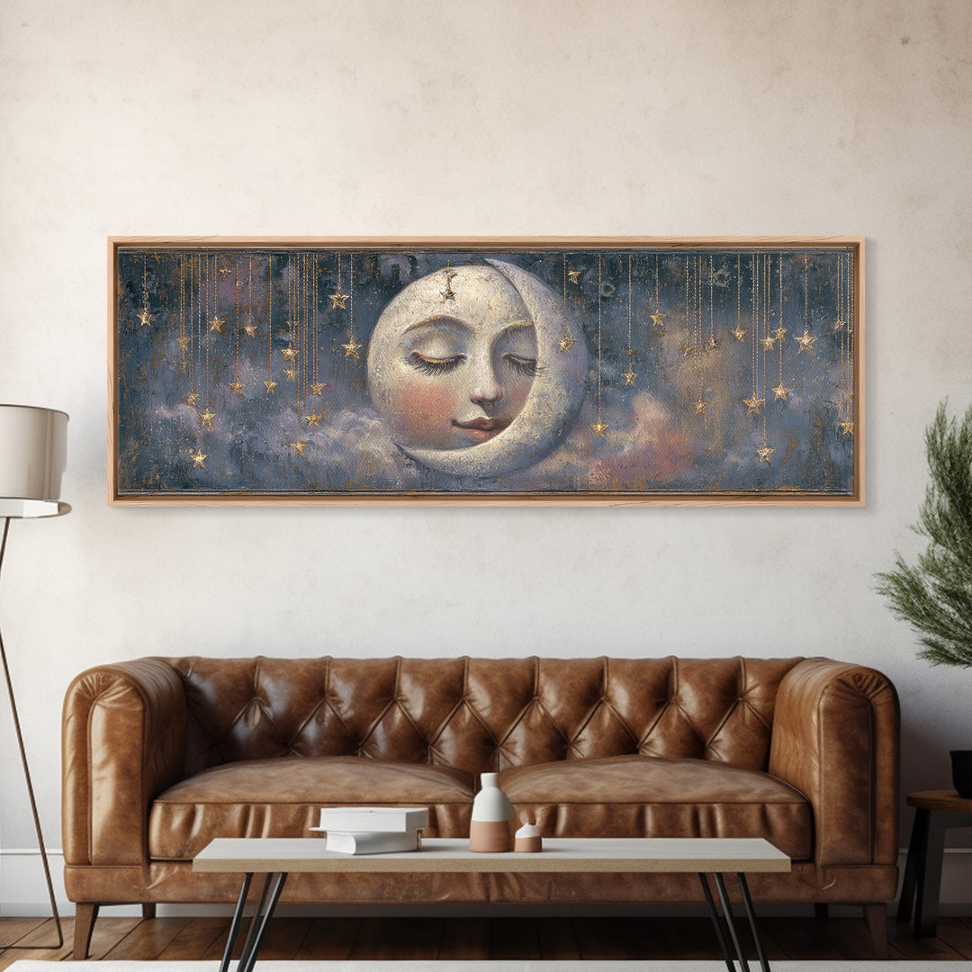 Moon with Sleeping Face and Dangling Stars Canvas Print, Whimsical Art, Art Print, Living Room Decor, Fine Art, Wonder, WHI-3x1-80