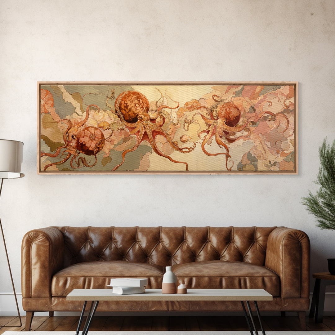 Octopus Conductor with Tiny Instruments Framed Canvas Print, Whimsical Art, Nursery, Living Room Decor, Fine Art, Wonder, WHI-3x1-82