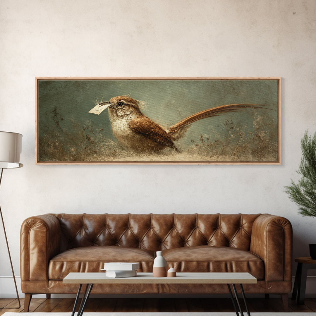 Bird Delivering a Tiny Love Letter Framed Canvas Print, Whimsical Art, Nursery Wall Art, Living Room Decor, Fine Art, Wonder, WHI-3x1-87